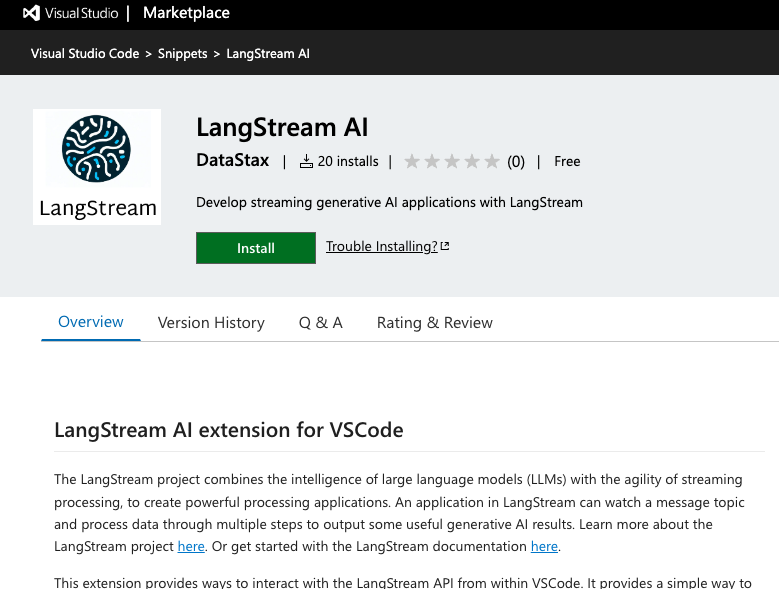 Screen shot from LangStream Visual Studio Code Extension